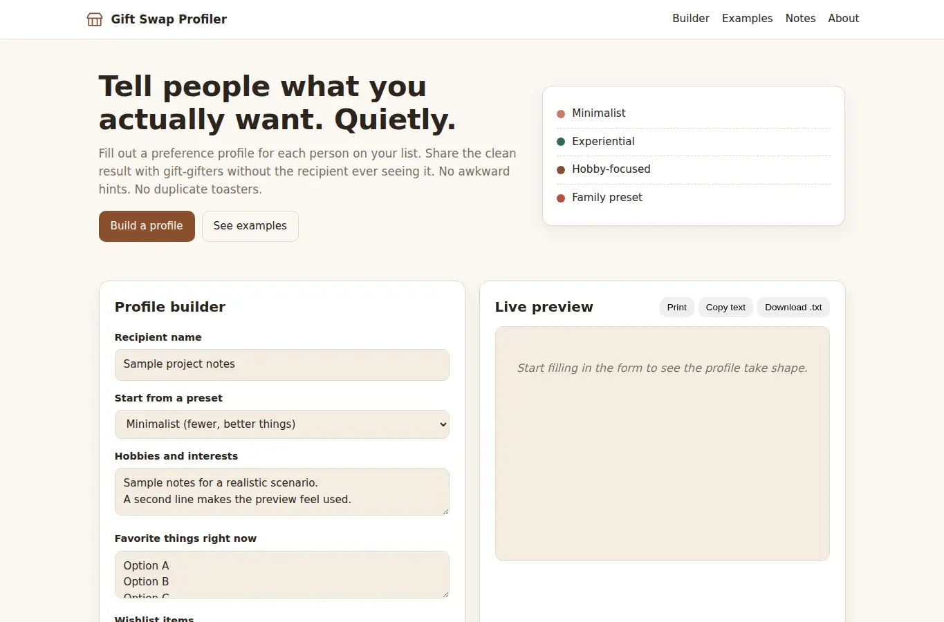 Screenshot of Gift Swap Preference Profiler interface showing the project page in use